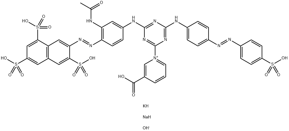 1-[4-[[3-(Acetylamino)-4-[(3,6,8-trisulfo-2-naphthalenyl)azo]phenyl]amino]-6-[[4-[(4-sulfophenyl)azo]phenyl]amino]-1,3,5-triazin-2-yl]-3-carboxy-pyridinium, hydroxide, potassium sodium salt 구조식 이미지