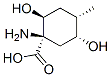 Cyclohexanecarboxylic acid, 1-amino-2,5-dihydroxy-4-methyl-, (1R,2S,4S,5R)- Structure