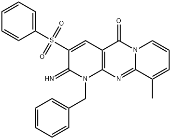 1-benzyl-2-imino-10-methyl-3-(phenylsulfonyl)-1,2-dihydro-5H-dipyrido[1,2-a:2,3-d]pyrimidin-5-one 구조식 이미지