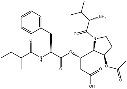 (S)-N-[(S)-2-Methyl-1-oxobutyl]-L-phenylalanine (S)-1-[(2S,3S)-3-acetoxy-1-[(S)-2-amino-3-methyl-1-oxobutyl]-2-pyrrolidinyl]-2-carboxyethyl ester Structure