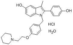 2-(4-Hydroxyphenyl)-3-methyl-1-[4-[2-(1-piperidinyl)ethoxy]benzyl]-1H-indol-5-ol hydrochloride hydrate 구조식 이미지