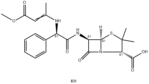 potassium [2S-[2alpha,5alpha,6beta(S*)]]-6-[[[(3-methoxy-1-methyl-3-oxoprop-1-enyl)amino]phenylacetyl]amino]-3,3-dimethyl-7-oxo-4-thia-1-azabicyclo[3.2.0]heptane-2-carboxylate 구조식 이미지