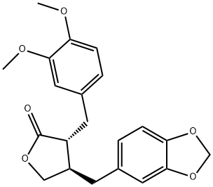 2(3H)-Furanone, 4-(1,3-benzodioxol-5-ylmethyl)-3-((3,4-dimethoxyphenyl )methyl)dihydro-, (3R-trans)- 구조식 이미지