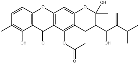 5-Acetoxy-3,4-dihydro-2,7-dihydroxy-3-(1-hydroxy-3-methyl-2-methylenebutyl)-2,8-dimethyl-2H,6H-pyrano[3,2-b]xanthen-6-one 구조식 이미지