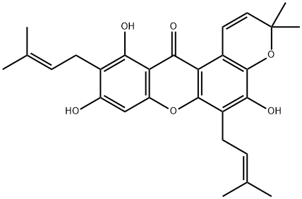 5,9,11-Trihydroxy-3,3-dimethyl-6,10-bis(3-methyl-2-butenyl)pyrano[3,2-a]xanthen-12(3H)-one Structure