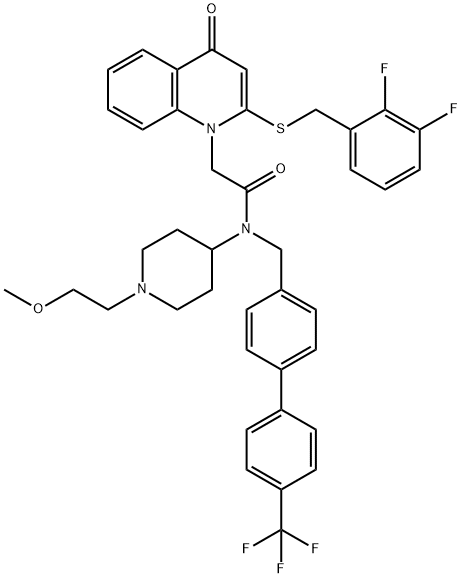 2-[[(2,3-Difluorophenyl)methyl]thio]-N-[1-(2-methoxyethyl)-4-piperidinyl]-4-oxo-N-[[4'-(trifluoromethyl)[1,1'-biphenyl]-4-yl]methyl]-1(4H)-quinolineacetamide 구조식 이미지