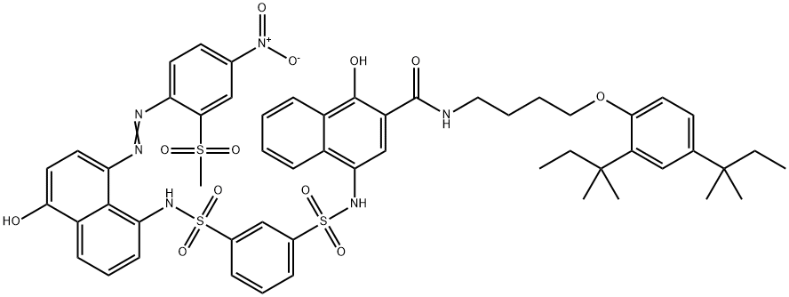 N-[4-[2,4-Bis(1,1-dimethylpropyl)phenoxy]butyl]-1-hydroxy-4-[[[3-[[[5-hydroxy-8-[[2-(methylsulfonyl)-4-nitrophenyl]azo]-1-naphthalenyl]amino]sulfonyl]phenyl]sulfonyl]amino]-2-naphthalenecarboxamide 구조식 이미지