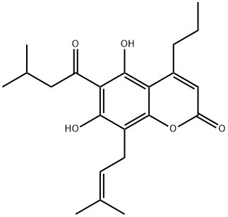 4-Propyl-5,7-dihydroxy-6-(3-methylbutanoyl)-8-(3-methyl-2-butenyl)-2H-1-benzopyran-2-one Structure