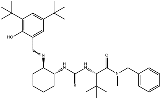 (2S)-2-[[[[(1R,2R)-2-[[[3,5-Bis(tert-butyl)-2-hydroxyphenyl]methylene]amino]cyclohexyl]amino]thioxomethyl]amino]-N-benzyl-N,3,3-trimethylbutanamide,  (2S)-2-[[[[(1R,2R)-2-[[[3,5-Bis(1,1-dimethylethyl)-2-hydroxyphenyl]methylene]amino]cyclohexyl]amino]thioxomethyl]amino]-N,3,3-trimethyl-N-(phenylmethyl)butanamide 구조식 이미지