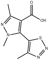 1,3-DIMETHYL-5-(4-METHYL-1,2,3-THIADIAZOL-5-YL)-1H-PYRAZOLE-4-CARBOXYLIC ACID,90%+ Structure