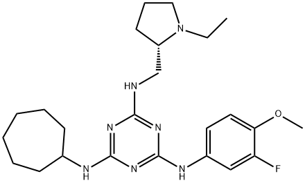 1,3,5-Triazine-2,4,6-triaMine, N-cycloheptyl-N'-[[(2S)-1-ethyl-2-pyrrolidinyl]Methyl]-N''-(3-fluoro-4-Meth oxyphenyl)- Structure