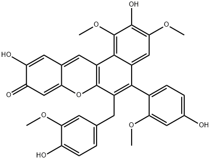 2,10-dihydroxy-5-(4-hydroxy-2-methoxyphenyl)-6-[(4-hydroxy-3-methoxyphenyl)methyl]-1,3-dimethoxy-9H-benzo[a]xanthen-9-one 구조식 이미지