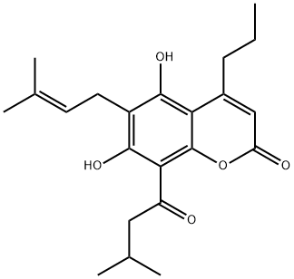 4-Propyl-5,7-dihydroxy-6-(3-methyl-2-butenyl)-8-(3-methylbutyryl)-2H-1-benzopyran-2-one 구조식 이미지
