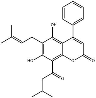 5,7-Dihydroxy-6-(3-methyl-2-butenyl)-8-(3-methylbutyryl)-4-phenyl-2H-1-benzopyran-2-one 구조식 이미지