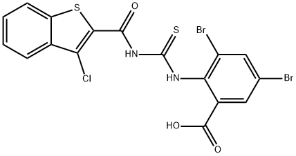 3,5-DIBROMO-2-[[[[(3-CHLOROBENZO[B]THIEN-2-YL)CARBONYL]AMINO]THIOXOMETHYL]AMINO]-BENZOIC ACID Structure
