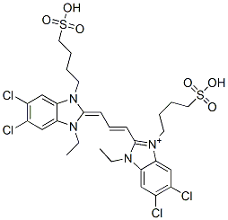 5,6-dichloro-2-[3-[5,6-dichloro-1-ethyl-1,3-dihydro-3-(4-sulphobutyl)-2H-benzimidazol-2-ylidene]-1-propenyl]-1-ethyl-3-(4-sulphobutyl)-1H-benzimidazolium Structure