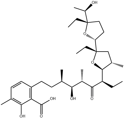 6-[(3R,4S,5S,7R)-7-[(2S,2'R,4S,5S,5'S)-2,5'-Diethyloctahydro-5'-[(R)-1-hydroxyethyl]-4-methyl[2,2'-bifuran]-5-yl]-4-hydroxy-3,5-dimethyl-6-oxononyl]-2-hydroxy-3-methylbenzoic acid 구조식 이미지