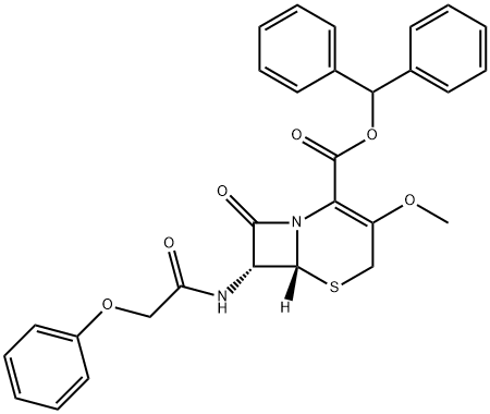 diphenylmethyl (6R-trans)-3-methoxy-8-oxo-7-(phenoxyacetamido)-5-thia-1-azabicyclo[4.2.0]oct-2-ene-2-carboxylate 구조식 이미지