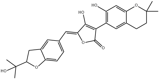 3-(3,4-Dihydro-7-hydroxy-2,2-dimethyl-2H-1-benzopyran-6-yl)-5-[(Z)-[2,3-dihydro-2-(1-hydroxy-1-methylethyl)benzofuran-5-yl]methylene]-4-hydroxy-2(5H)-furanone 구조식 이미지