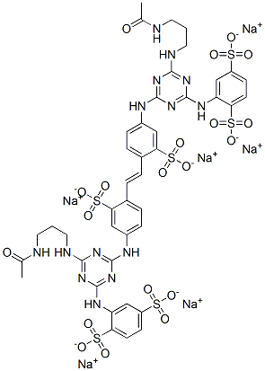 hexasodium 2,2'-[vinylenebis[(3-sulphonato-4,1-phenylene)imino[6-[[3-(acetylamino)propyl]amino]-1,3,5-triazine-4,2-diyl]imino]]bis(benzene-1,4-disulphonate) 구조식 이미지