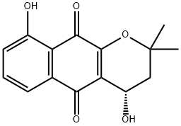 [S,(+)]-3,4-Dihydro-4,9-dihydroxy-2,2-dimethyl-2H-naphtho[2,3-b]pyran-5,10-dione 구조식 이미지