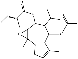 2-Methyl-2-butenoic acid 4-acetoxy-6,10-dimethyl-3-isopropyl-11-oxabicyclo[8.1.0]undec-6-en-2-yl ester 구조식 이미지