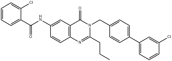 2-Chloro-N-(3-((3'-chlorobiphenyl-4-yl)methyl)-2-ethyl-4-oxo-3,4-dihydroquinazolin-6-yl)benzam 구조식 이미지