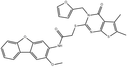 Acetamide, 2-[[3-(2-furanylmethyl)-3,4-dihydro-5,6-dimethyl-4-oxothieno[2,3-d]pyrimidin-2-yl]thio]-N-(2-methoxy-3-dibenzofuranyl)- (9CI) 구조식 이미지