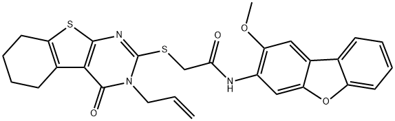 Acetamide, 2-[[3,4,5,6,7,8-hexahydro-4-oxo-3-(2-propenyl)[1]benzothieno[2,3-d]pyrimidin-2-yl]thio]-N-(2-methoxy-3-dibenzofuranyl)- (9CI) 구조식 이미지