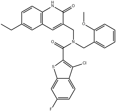 Benzo[b]thiophene-2-carboxamide, 3-chloro-N-[(6-ethyl-1,2-dihydro-2-oxo-3-quinolinyl)methyl]-6-fluoro-N-[(2-methoxyphenyl)methyl]- (9CI) 구조식 이미지