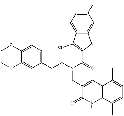 Benzo[b]thiophene-2-carboxamide, 3-chloro-N-[(1,2-dihydro-5,8-dimethyl-2-oxo-3-quinolinyl)methyl]-N-[2-(3,4-dimethoxyphenyl)ethyl]-6-fluoro- (9CI) Structure