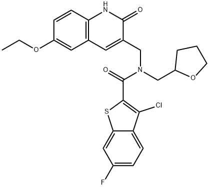 Benzo[b]thiophene-2-carboxamide, 3-chloro-N-[(6-ethoxy-1,2-dihydro-2-oxo-3-quinolinyl)methyl]-6-fluoro-N-[(tetrahydro-2-furanyl)methyl]- (9CI) 구조식 이미지