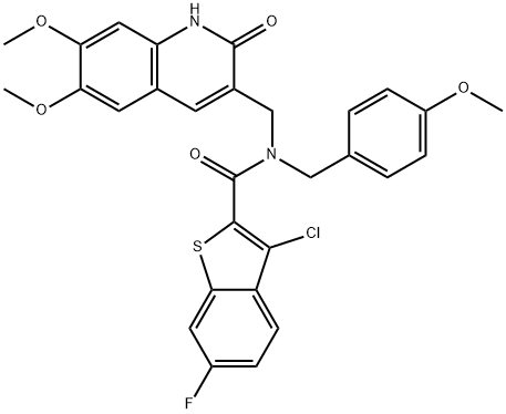 Benzo[b]thiophene-2-carboxamide, 3-chloro-N-[(1,2-dihydro-6,7-dimethoxy-2-oxo-3-quinolinyl)methyl]-6-fluoro-N-[(4-methoxyphenyl)methyl]- (9CI) 구조식 이미지