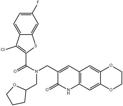 Benzo[b]thiophene-2-carboxamide, 3-chloro-6-fluoro-N-[(tetrahydro-2-furanyl)methyl]-N-[(2,3,6,7-tetrahydro-7-oxo-1,4-dioxino[2,3-g]quinolin-8-yl)methyl]- (9CI) Structure