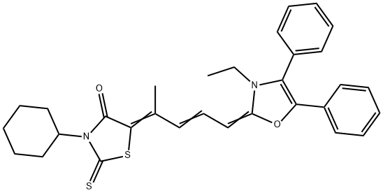 3-cyclohexyl-5-[4-(3-ethyl-4,5-diphenyloxazol-2(3H)-ylidene)-1-methylbut-2-enylidene]-2-thioxothiazolidin-4-one 구조식 이미지