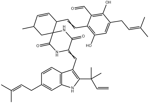 2-[2-[3-[[2-(1,1-Dimethyl-2-propenyl)-6-(3-methyl-2-butenyl)-1H-indol-3-yl]methylene]-10-methyl-2,5-dioxo-1,4-diazaspiro[5.5]undec-8-en-7-yl]vinyl]-3,6-dihydroxy-5-(3-methyl-2-butenyl)benzaldehyde Structure