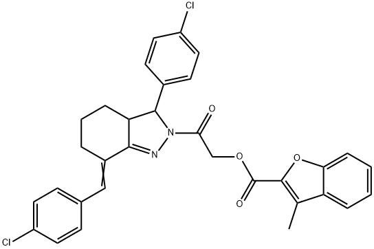 2-Benzofurancarboxylicacid,3-methyl-,2-[3-(4-chlorophenyl)-7-[(4-chlorophenyl)methylene]-3,3a,4,5,6,7-hexahydro-2H-indazol-2-yl]-2-oxoethylester(9CI) Structure