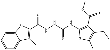 2-Benzofurancarboxylicacid,3-methyl-,2-[[[4-ethyl-3-(methoxycarbonyl)-5-methyl-2-thienyl]amino]thioxomethyl]hydrazide(9CI) 구조식 이미지