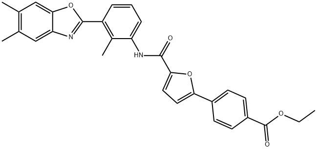 Benzoic acid, 4-[5-[[[3-(5,6-dimethyl-2-benzoxazolyl)-2-methylphenyl]amino]carbonyl]-2-furanyl]-, ethyl ester (9CI) Structure