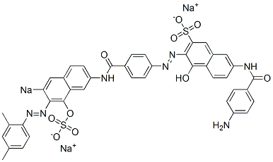 7-[(4-Aminobenzoyl)amino]-4-hydroxy-3-[[4-[[8-hydroxy-7-[(2,4-dimethylphenyl)azo]-6-sodiosulfo-2-naphthalenyl]aminocarbonyl]phenyl]azo]naphthalene-2-sulfonic acid sodium salt 구조식 이미지