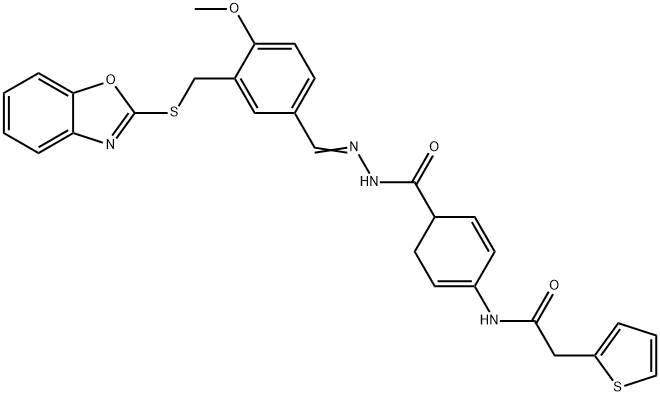 2,4-Cyclohexadiene-1-carboxylicacid,4-[(2-thienylacetyl)amino]-,[[3-[(2-benzoxazolylthio)methyl]-4-methoxyphenyl]methylene]hydrazide(9CI) Structure