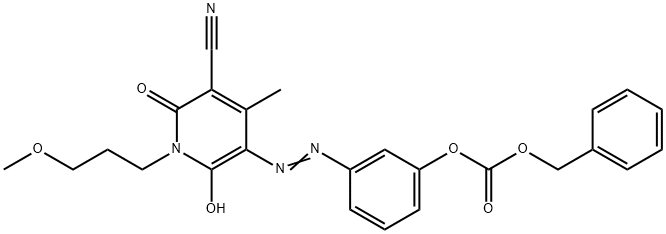 benzyl 3-[[5-cyano-1,6-dihydro-2-hydroxy-1-(3-methoxypropyl)-4-methyl-6-oxo-3-pyridyl]azo]phenyl carbonate 구조식 이미지