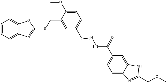 1H-Benzimidazole-5-carboxylicacid,2-(methoxymethyl)-,[[3-[(2-benzoxazolylthio)methyl]-4-methoxyphenyl]methylene]hydrazide(9CI) Structure