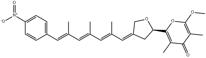 (+)-2-Methoxy-3,5-dimethyl-6-[tetrahydro-4-[(1Z,2E,4E,6E)-2,4,6-trimethyl-7-(4-nitrophenyl)-2,4,6-heptatrienylidene]furan-2-yl]-4H-pyran-4-one 구조식 이미지