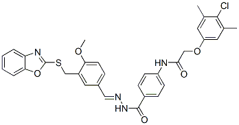 Benzoic acid, 4-[[(4-chloro-3,5-dimethylphenoxy)acetyl]amino]-, [[3-[(2-benzoxazolylthio)methyl]-4-methoxyphenyl]methylene]hydrazide (9CI) Structure