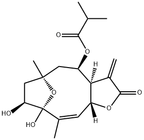 2-Methylpropanoic acid (3aR,4R,6S,8S,9S,10Z,11aR)-2,3,3a,4,5,6,7,8,9,11a-decahydro-8,9-dihydroxy-6,10-dimethyl-3-methylene-2-oxo-6,9-epoxycyclodeca[b]furan-4-yl ester Structure