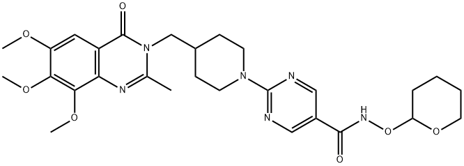 5-Pyrimidinecarboxamide,  N-[(tetrahydro-2H-pyran-2-yl)oxy]-2-[4-[(6,7,8-trimethoxy-2-methyl-4-oxo-3(4H)-quinazolinyl)methyl]-1-piperidinyl]- 구조식 이미지