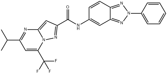 Pyrazolo[1,5-a]pyrimidine-2-carboxamide, 5-(1-methylethyl)-N-(2-phenyl-2H-benzotriazol-5-yl)-7-(trifluoromethyl)- (9CI) 구조식 이미지