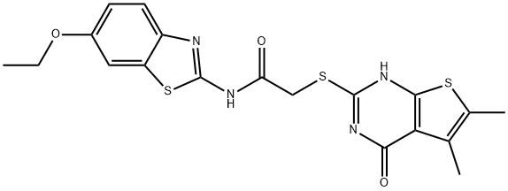 Acetamide, 2-[(1,4-dihydro-5,6-dimethyl-4-oxothieno[2,3-d]pyrimidin-2-yl)thio]-N-(6-ethoxy-2-benzothiazolyl)- (9CI) Structure
