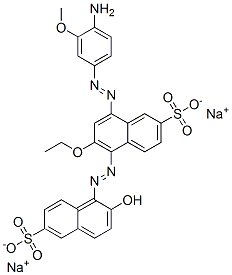8-[(4-Amino-3-methoxyphenyl)azo]-6-ethoxy-5-[(2-hydroxy-6-sulfo-1-naphtyl)azo]-2-naphthalenesulfonic acid disodium salt 구조식 이미지